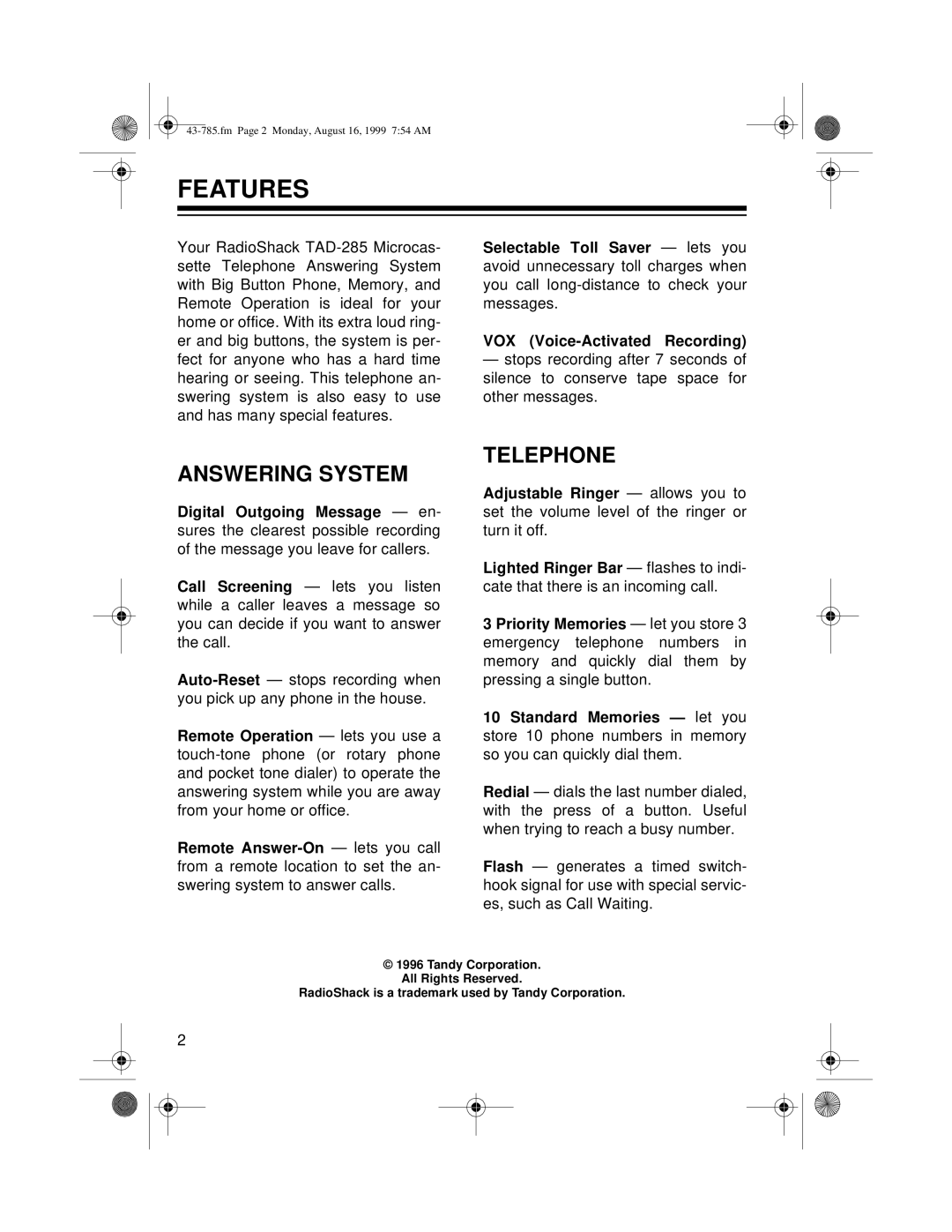 Radio Shack TAD-285 owner manual Features, Answering System, Telephone 