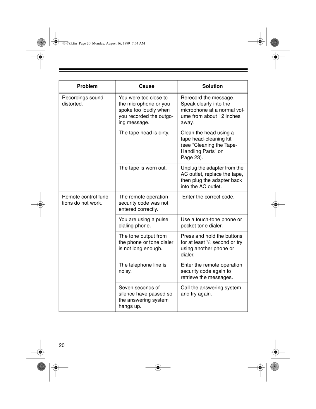 Radio Shack TAD-285 owner manual Fm Page 20 Monday, August 16, 1999 754 AM 