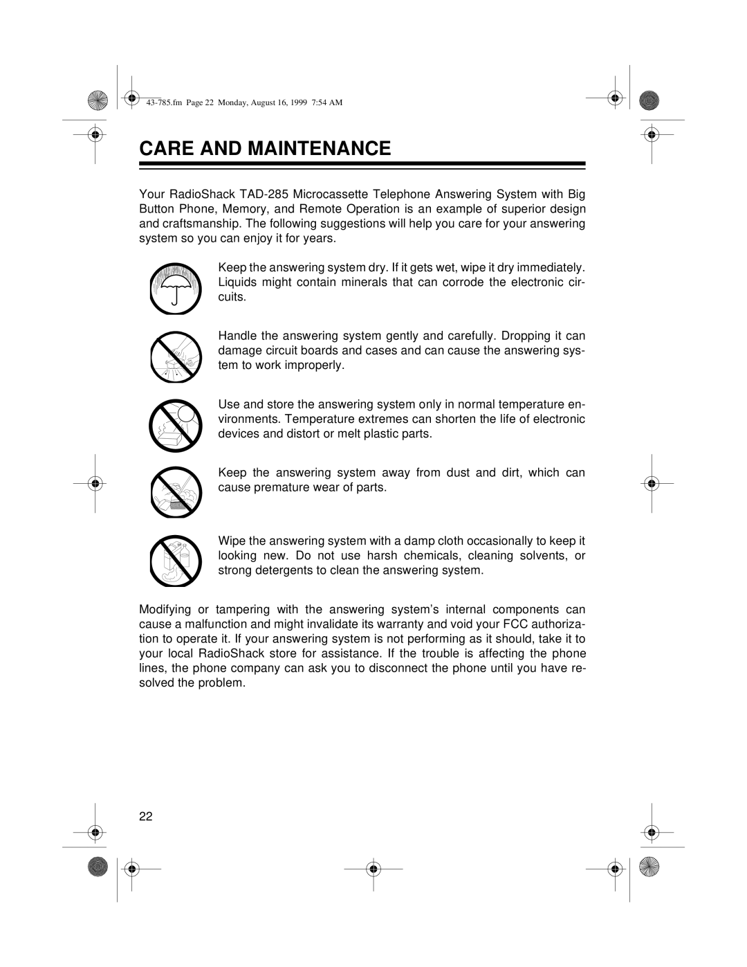 Radio Shack TAD-285 owner manual Care and Maintenance 