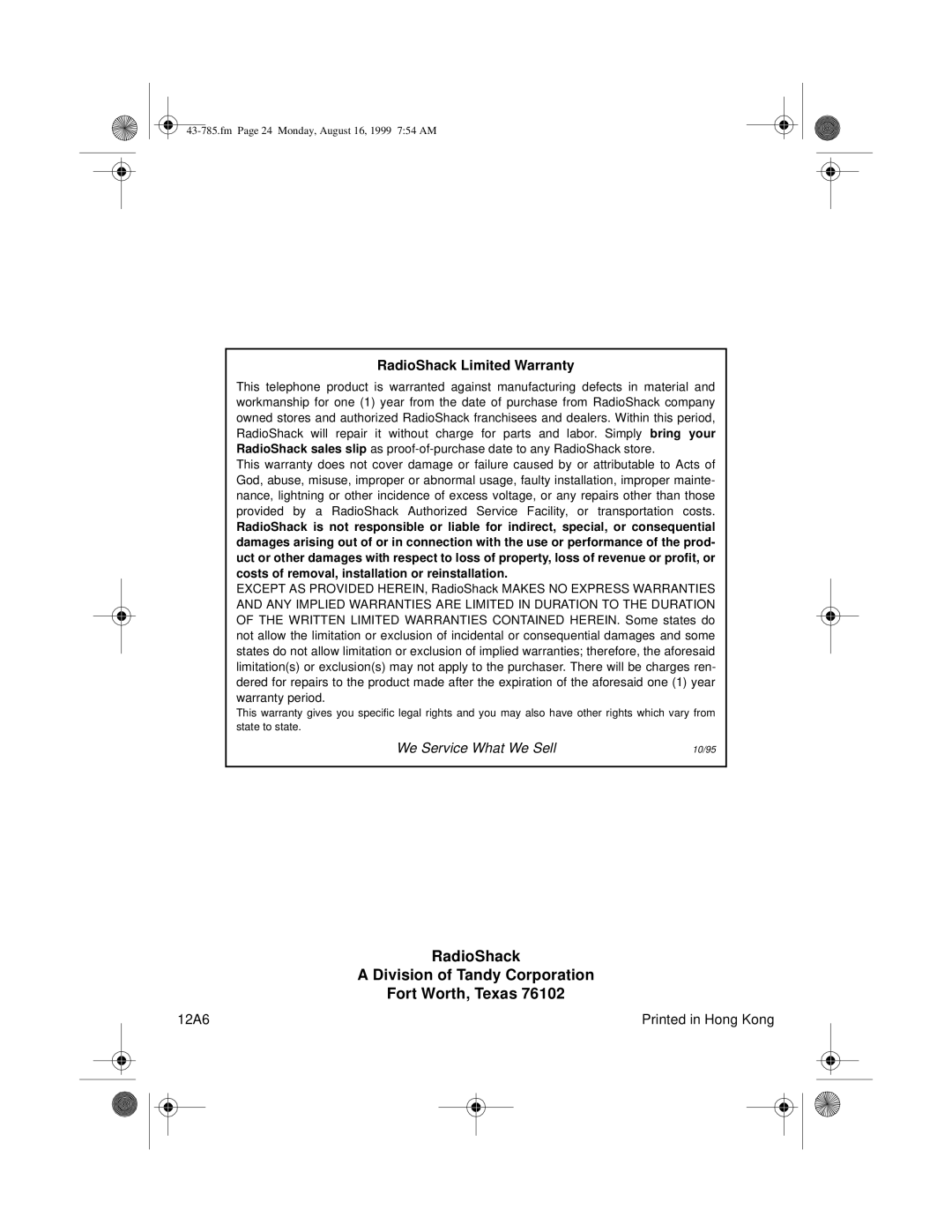 Radio Shack TAD-285 owner manual RadioShack Division of Tandy Corporation Fort Worth, Texas 