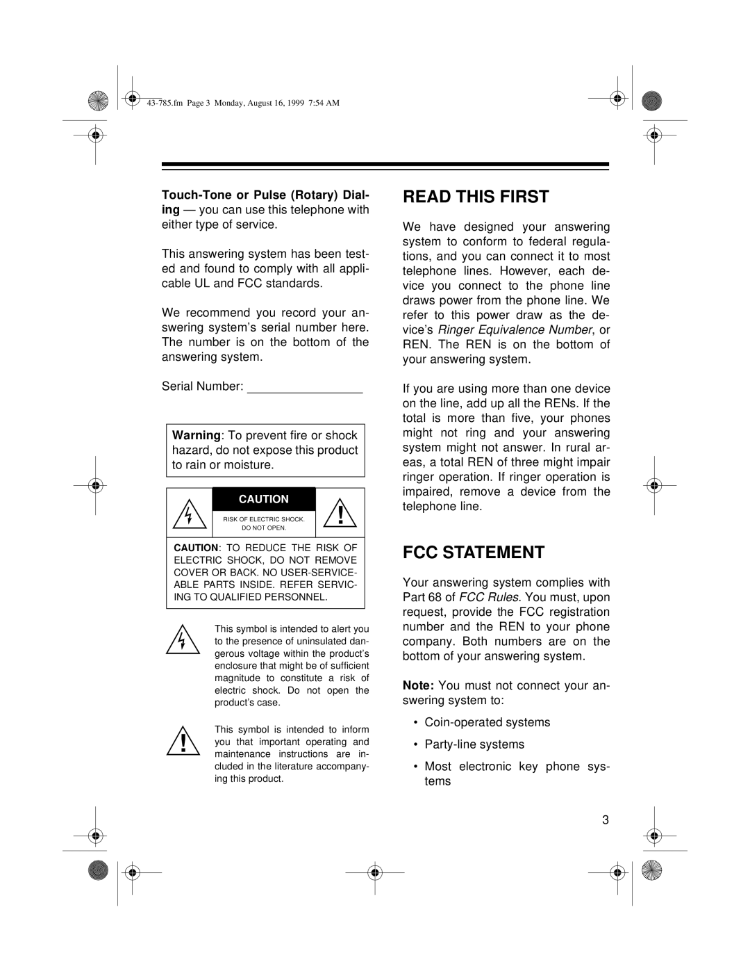 Radio Shack TAD-285 owner manual Read this First, FCC Statement 