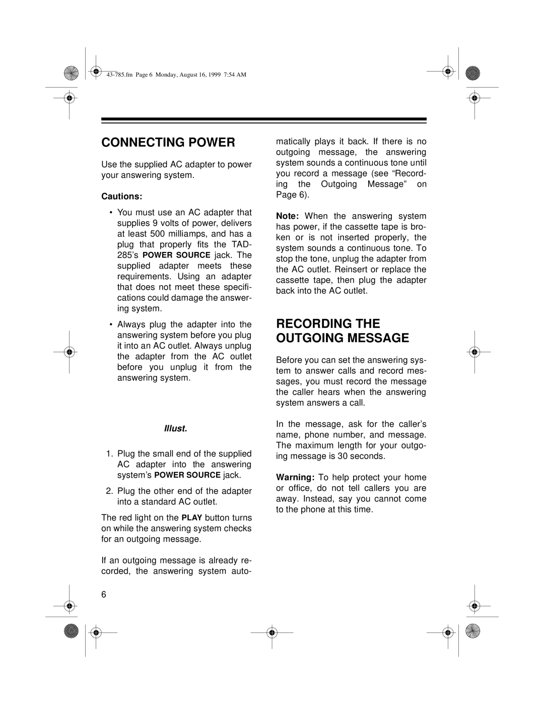 Radio Shack TAD-285 owner manual Connecting Power, Recording the Outgoing Message 