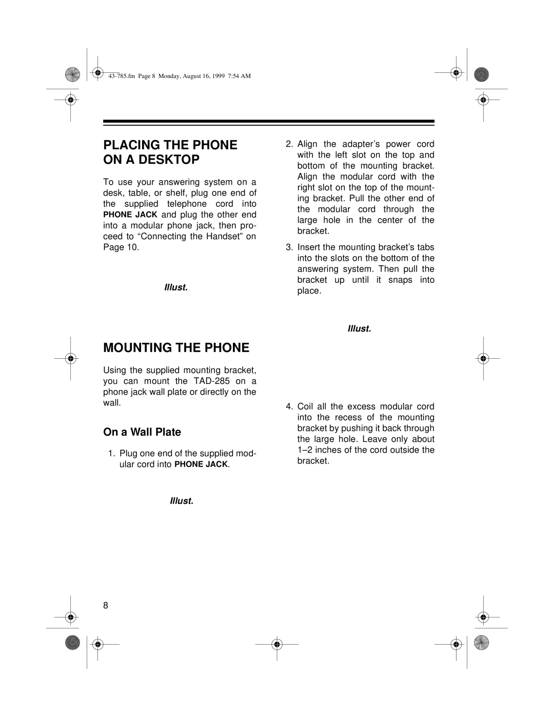 Radio Shack TAD-285 owner manual Placing the Phone on a Desktop, Mounting the Phone, On a Wall Plate 