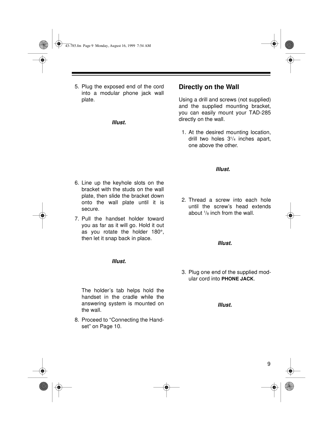 Radio Shack TAD-285 owner manual Directly on the Wall 