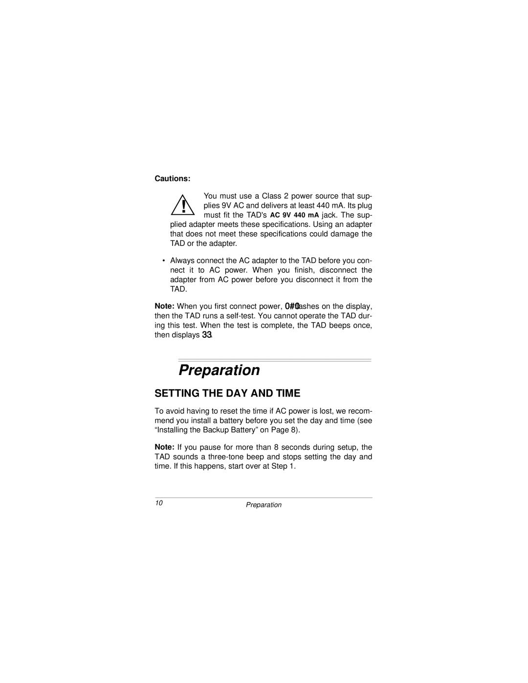 Radio Shack TAD 3809 owner manual Preparation, Setting the DAY and Time 