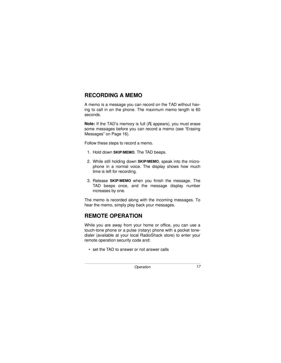 Radio Shack TAD 3809 owner manual Recording a Memo, Remote Operation 