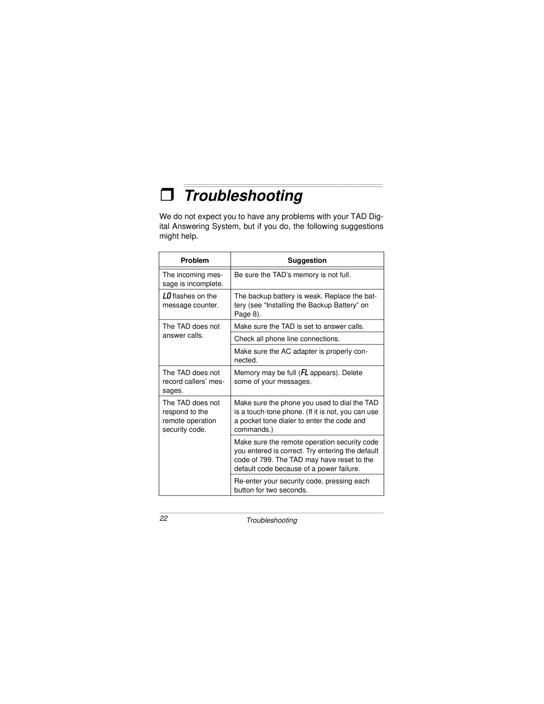 Radio Shack TAD 3809 owner manual Troubleshooting, Problem Suggestion 