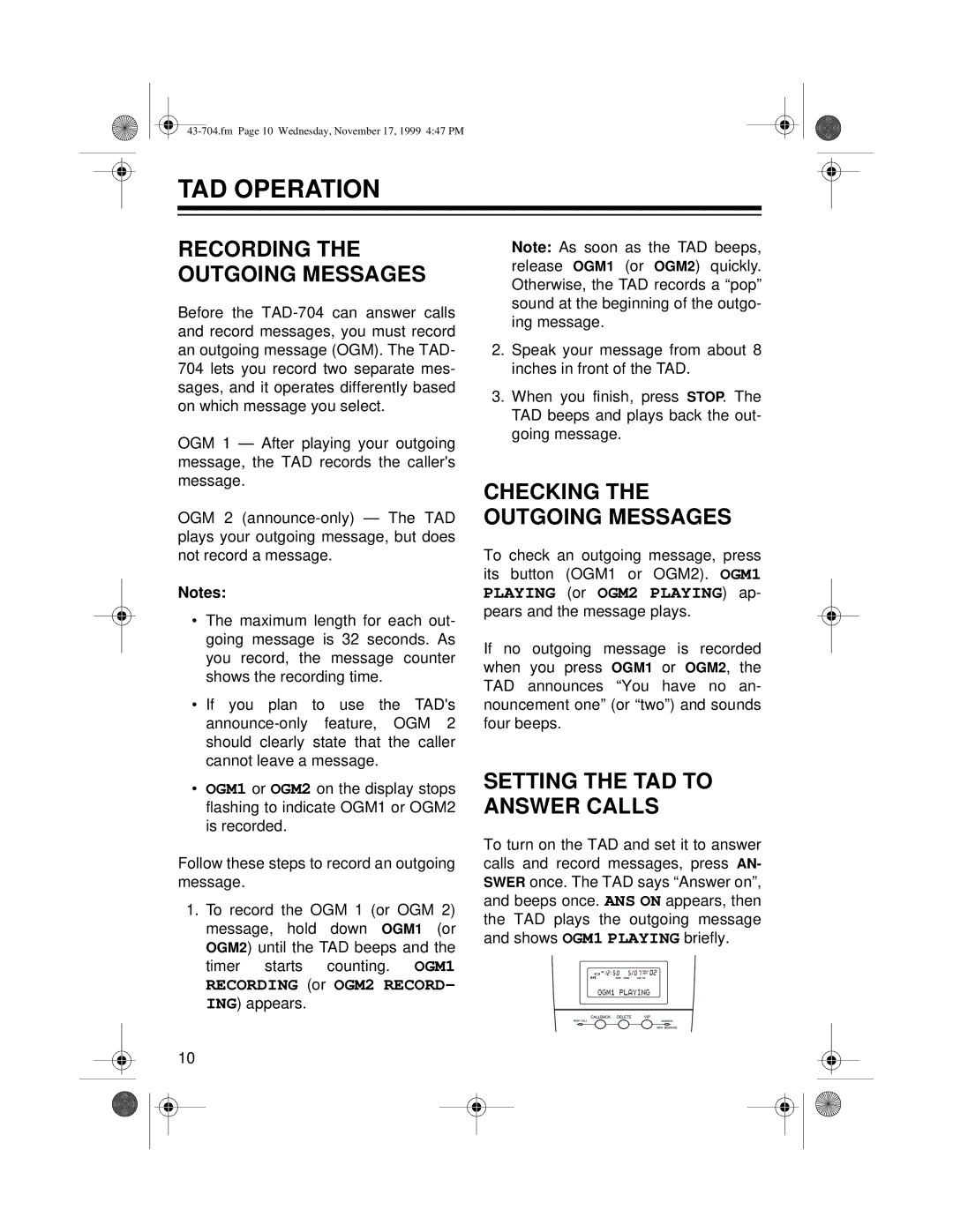 Radio Shack TAD-704 owner manual TAD Operation, Setting the TAD to Answer Calls 