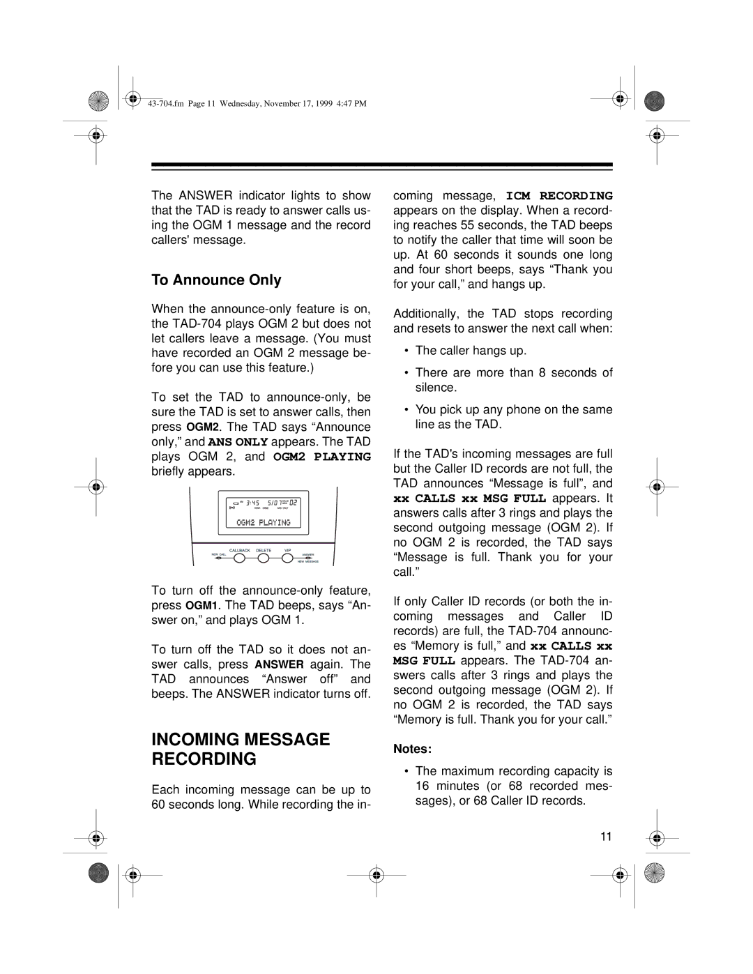 Radio Shack TAD-704 owner manual Incoming Message Recording, To Announce Only 