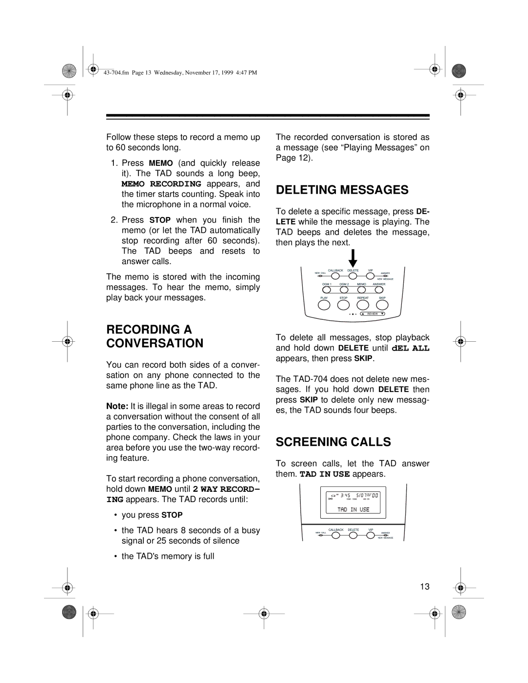 Radio Shack TAD-704 owner manual Recording a Conversation, Deleting Messages, Screening Calls 