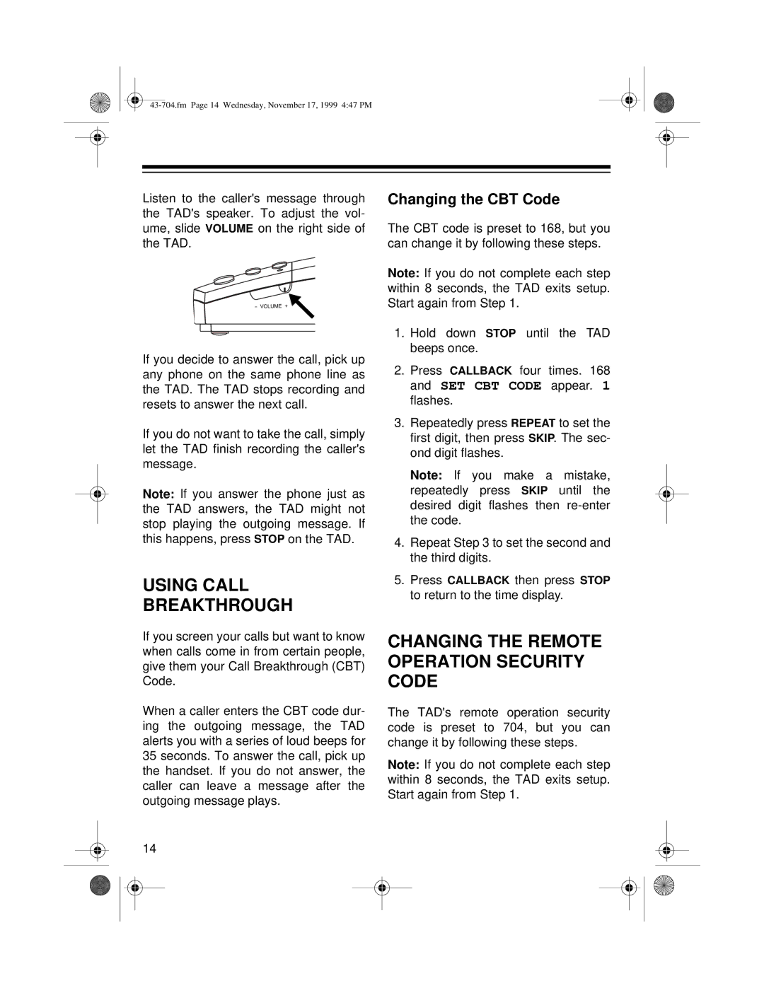 Radio Shack TAD-704 Using Call Breakthrough, Changing the Remote Operation Security Code, Changing the CBT Code 