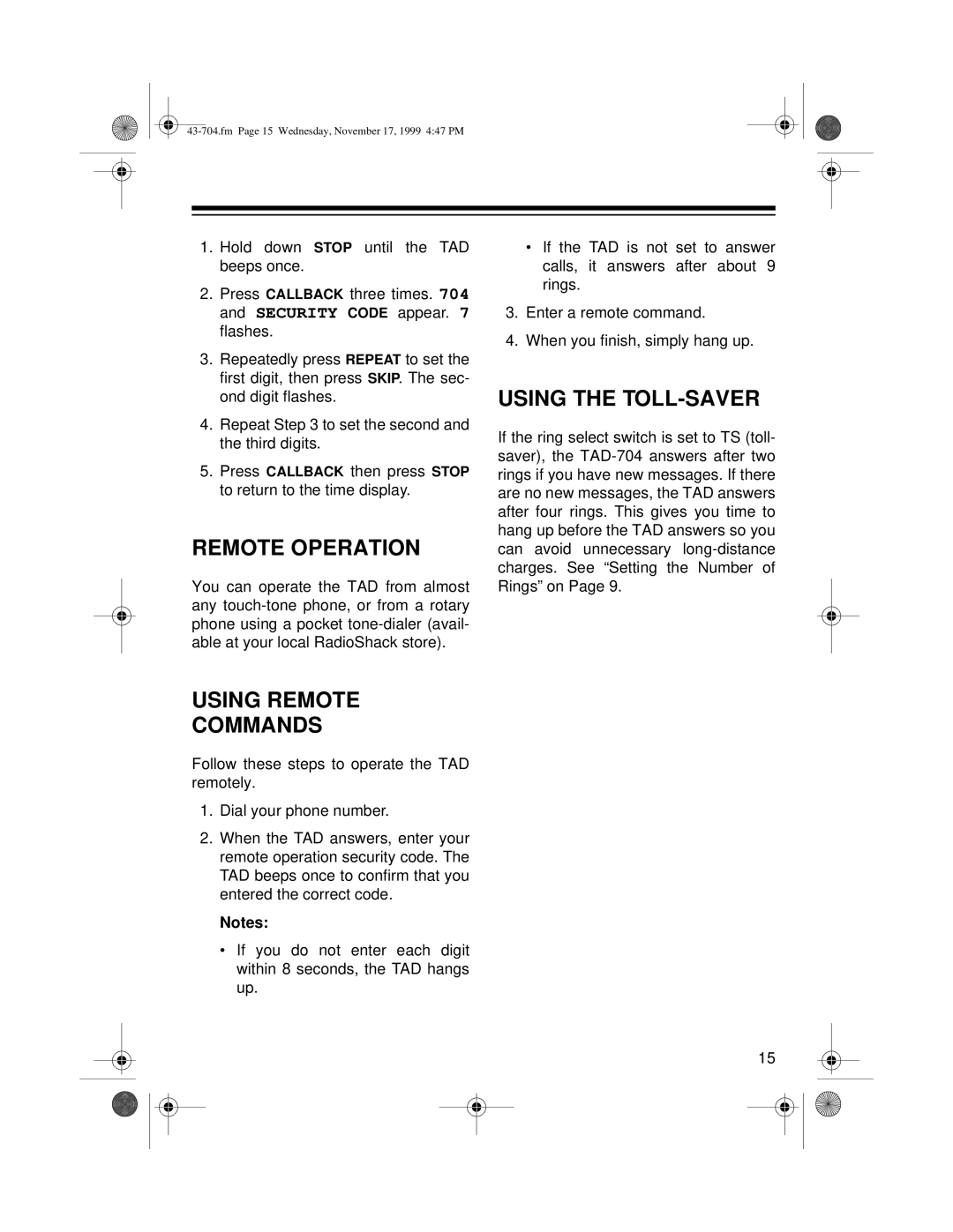 Radio Shack TAD-704 owner manual Remote Operation, Using the TOLL-SAVER, Using Remote Commands 