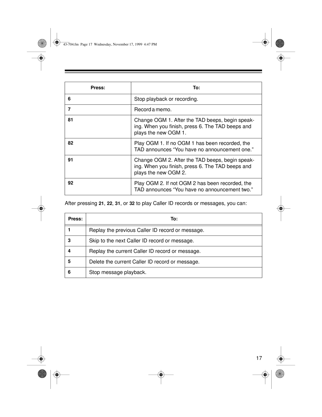 Radio Shack TAD-704 owner manual Replay the previous Caller ID record or message 