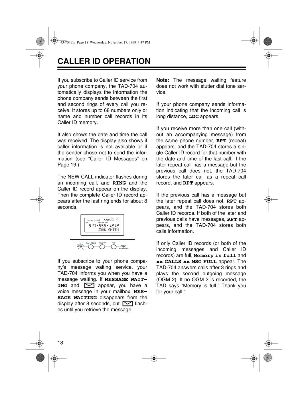 Radio Shack TAD-704 owner manual Caller ID Operation 