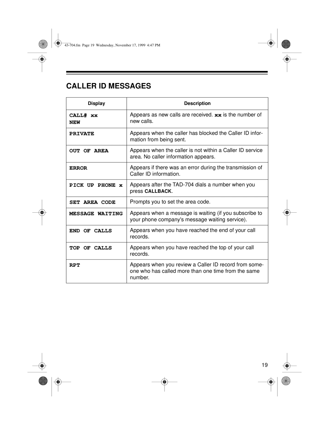 Radio Shack TAD-704 owner manual Caller ID Messages, OUT of Area 