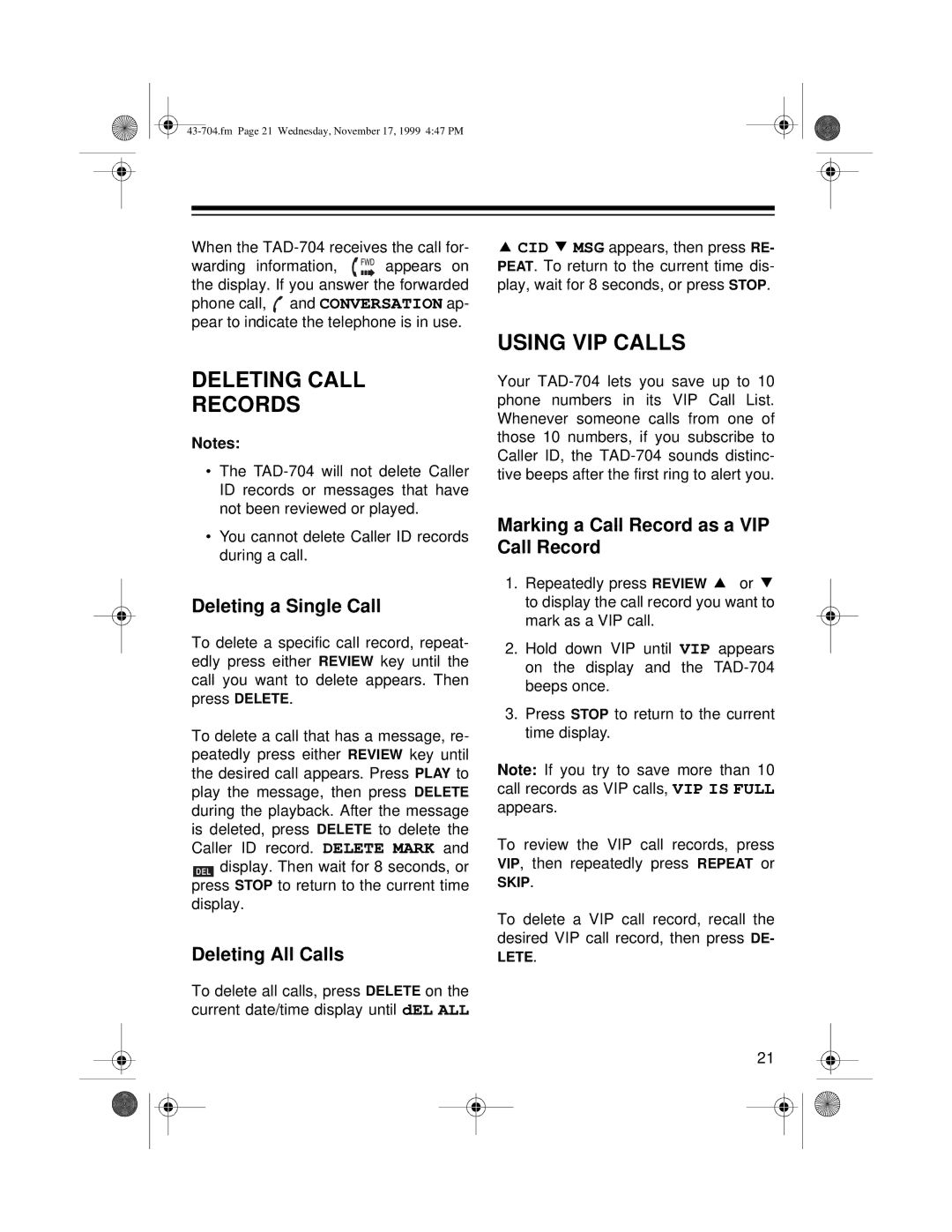 Radio Shack TAD-704 owner manual Deleting Call Records, Using VIP Calls, Deleting a Single Call, Deleting All Calls 