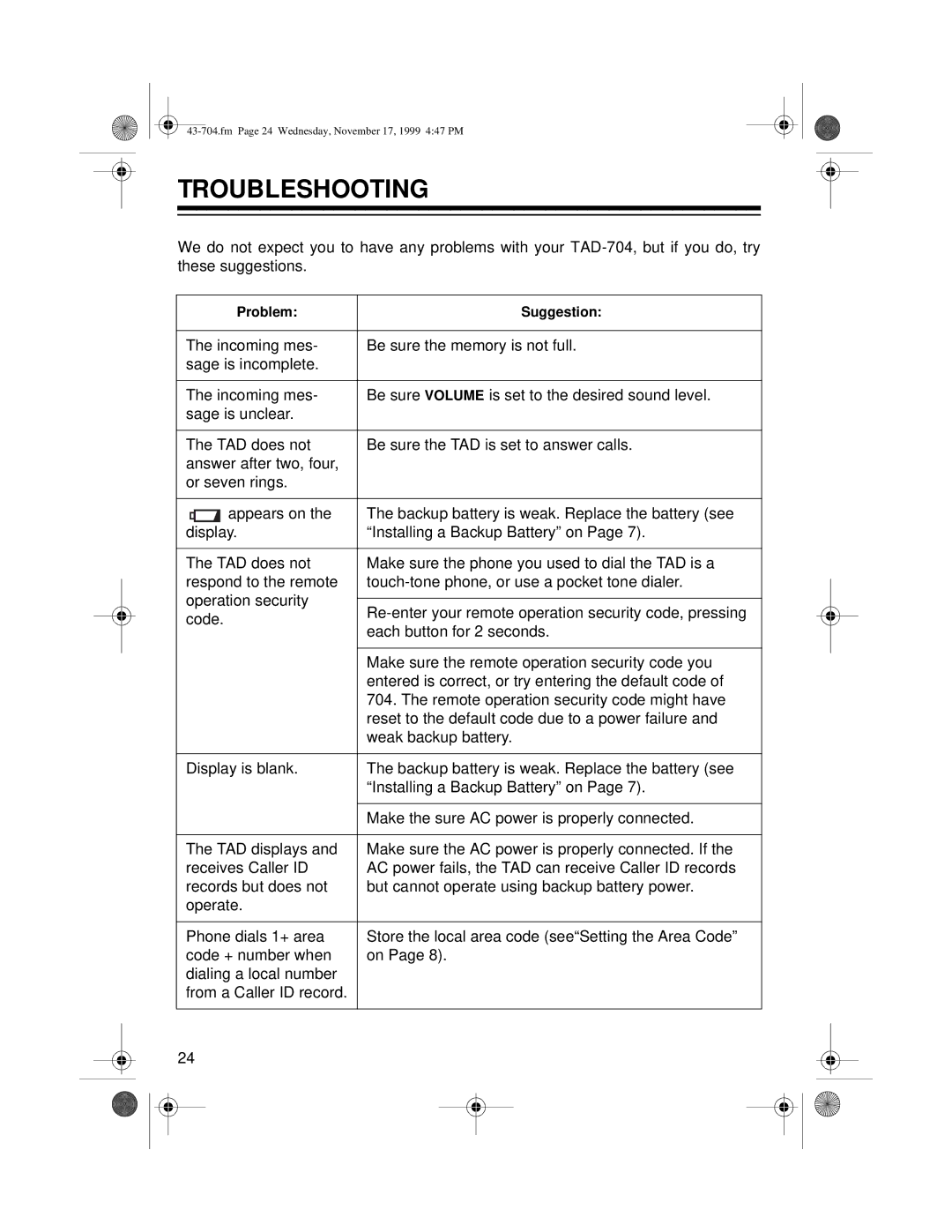 Radio Shack TAD-704 owner manual Troubleshooting 