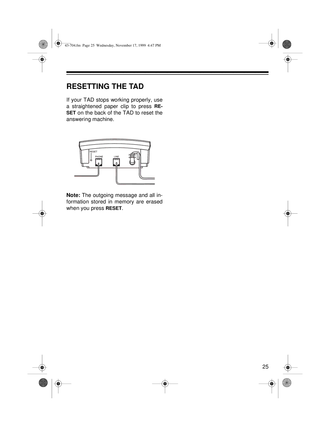 Radio Shack TAD-704 owner manual Resetting the TAD 