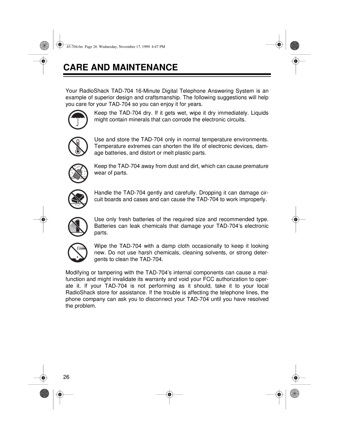 Radio Shack TAD-704 owner manual Care and Maintenance 