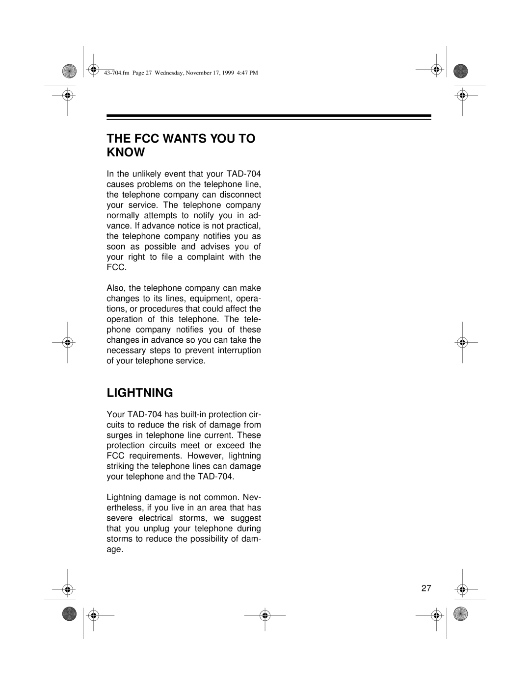 Radio Shack TAD-704 owner manual FCC Wants YOU to Know, Lightning 