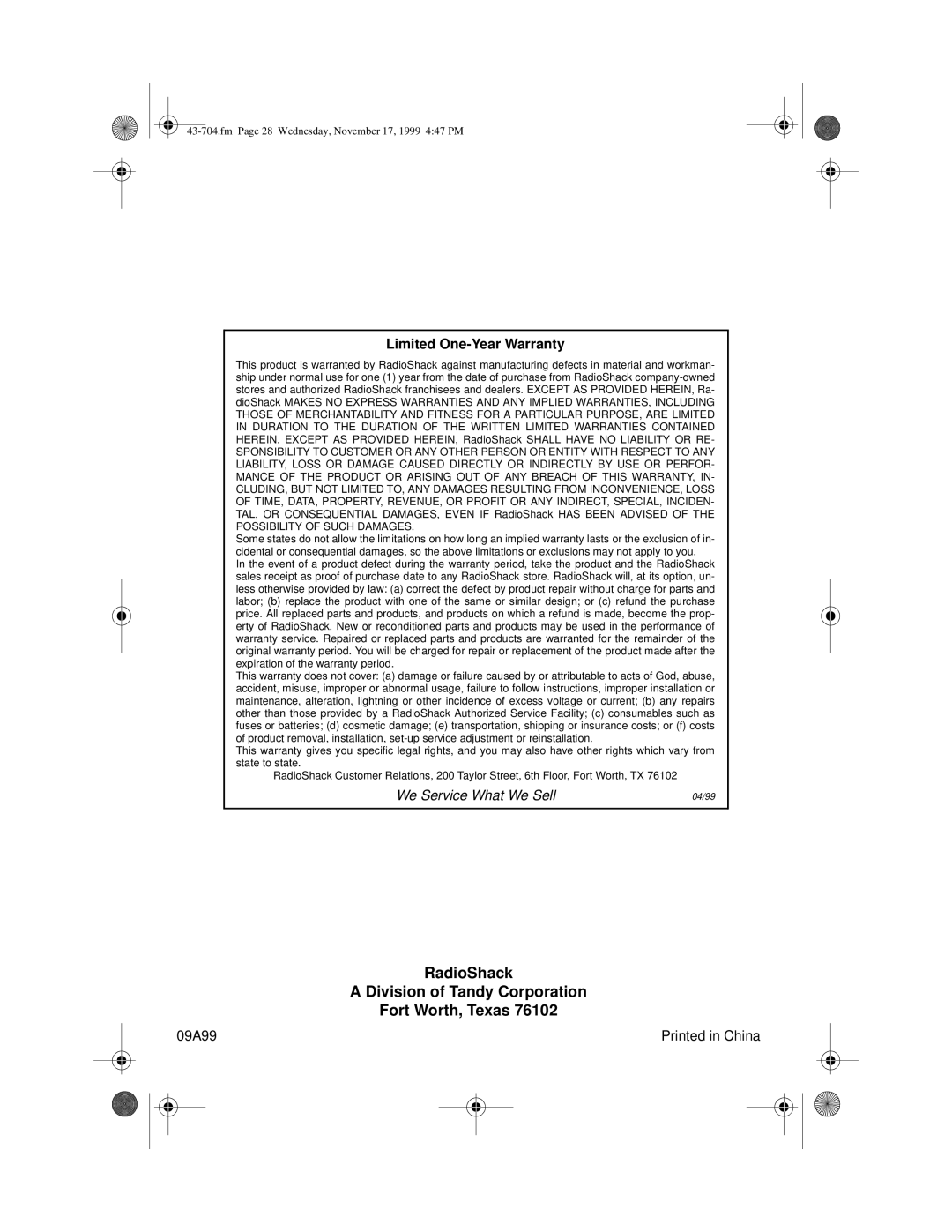 Radio Shack TAD-704 owner manual RadioShack Division of Tandy Corporation Fort Worth, Texas 