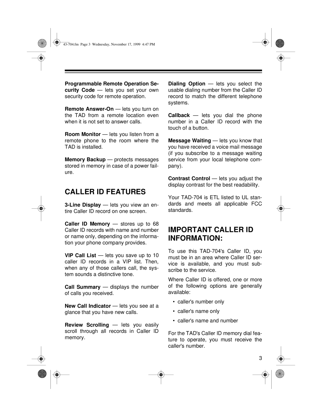 Radio Shack TAD-704 owner manual Caller ID Features, Important Caller ID Information 