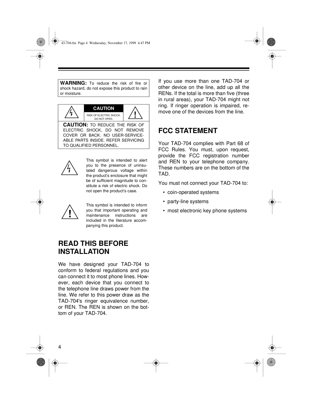 Radio Shack TAD-704 owner manual Read this Before Installation, FCC Statement 