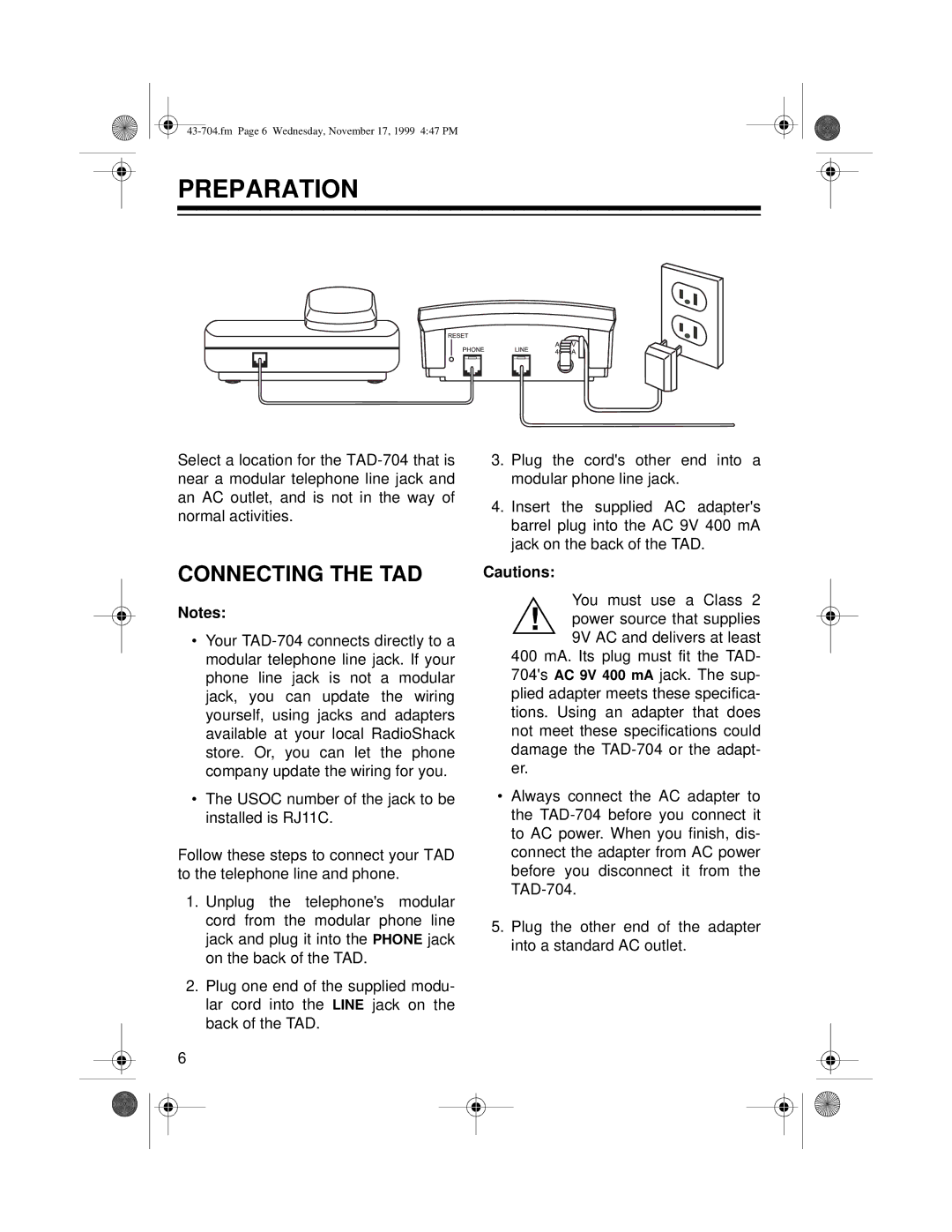 Radio Shack TAD-704 owner manual Preparation, Connecting the TAD 