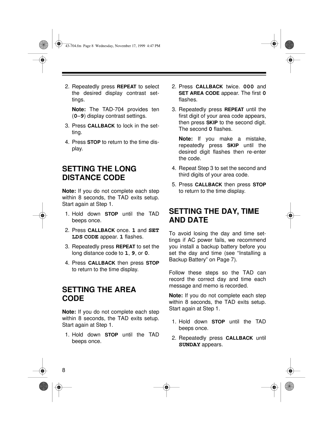 Radio Shack TAD-704 owner manual Setting the Area Code, Setting the DAY, Time and Date 