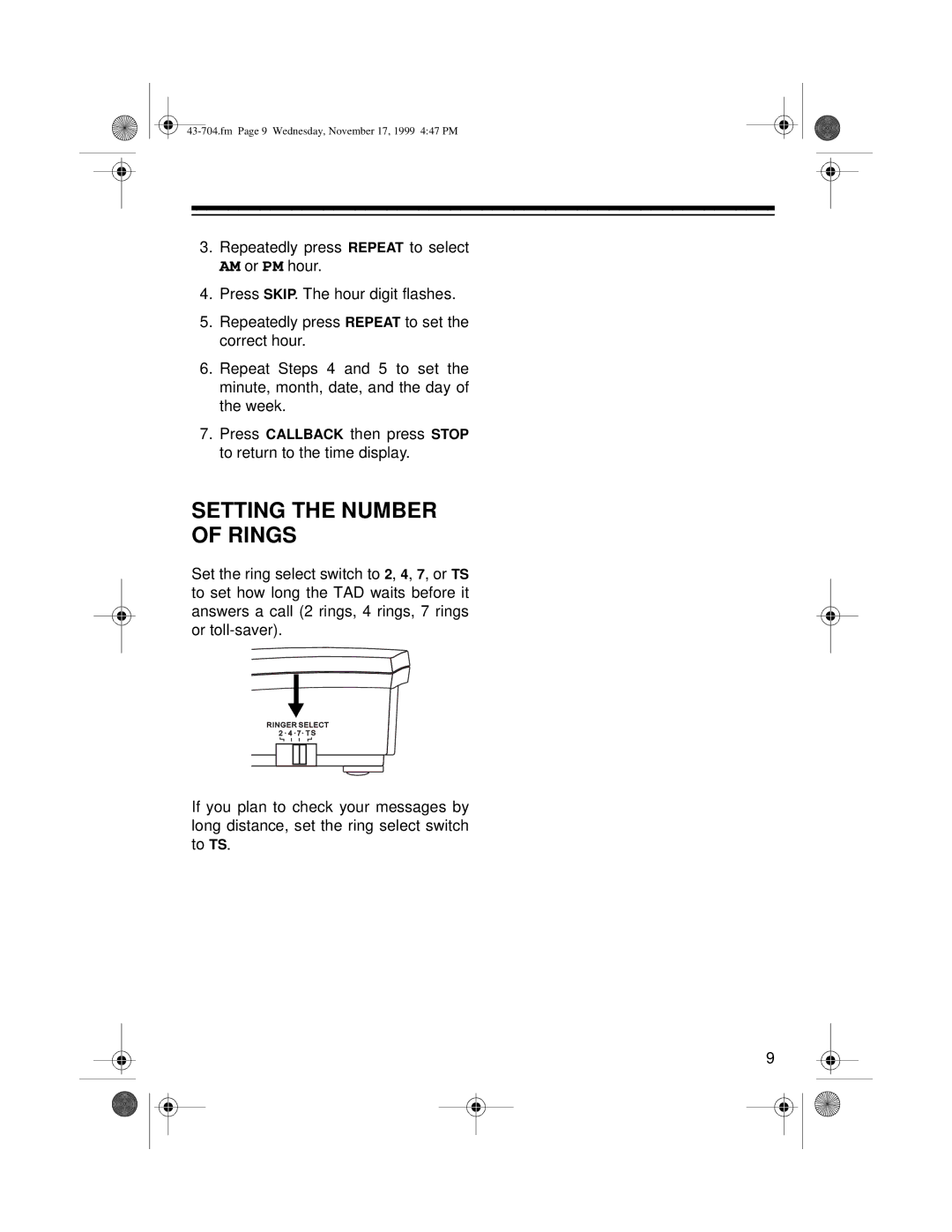 Radio Shack TAD-704 owner manual Setting the Number Rings 