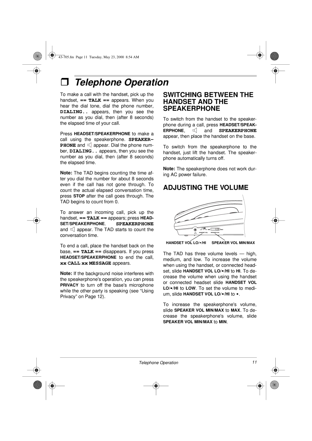 Radio Shack TAD-705 Telephone Operation, Switching Between the Handset and the Speakerphone, Adjusting the Volume 