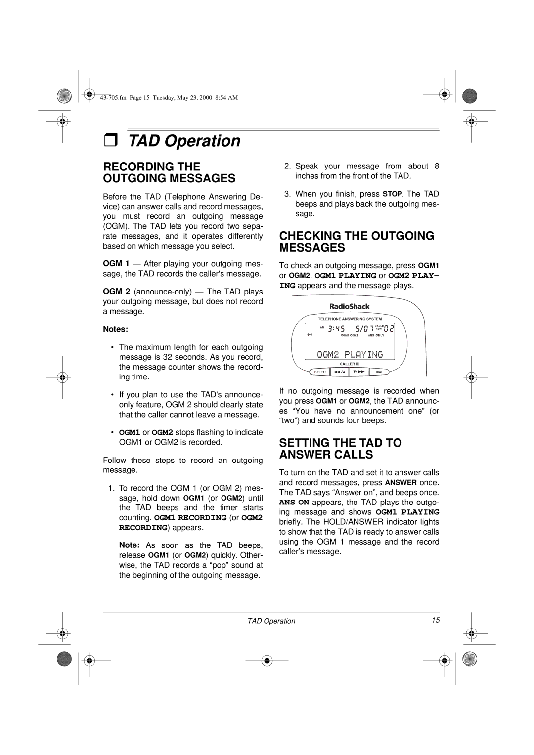 Radio Shack TAD-705 owner manual TAD Operation, Recording the Outgoing Messages, Checking the Outgoing Messages 