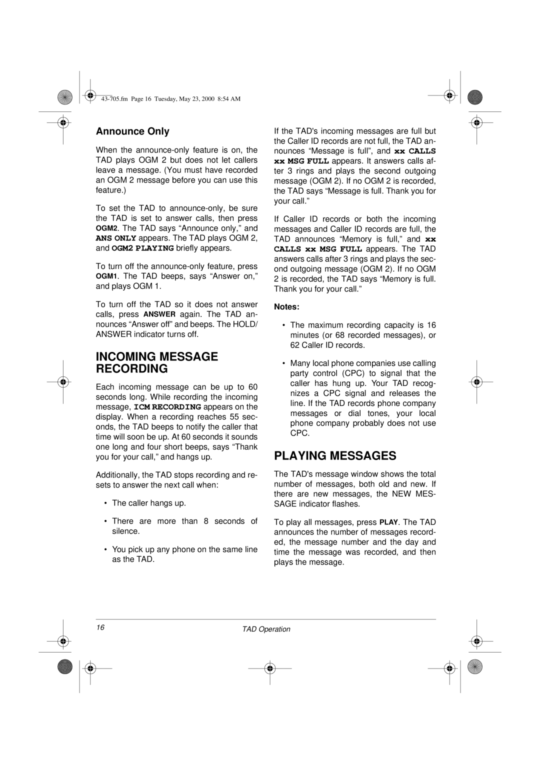 Radio Shack TAD-705 owner manual Incoming Message Recording, Playing Messages, Announce Only 