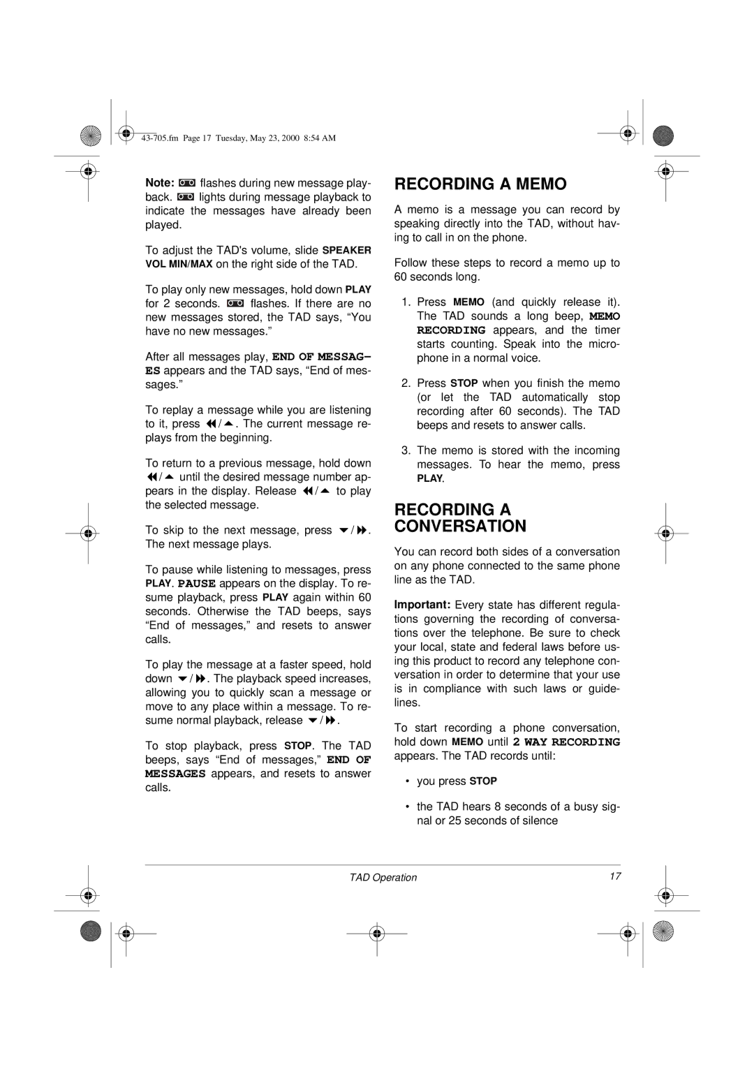 Radio Shack TAD-705 owner manual Recording a Memo, Recording a Conversation 