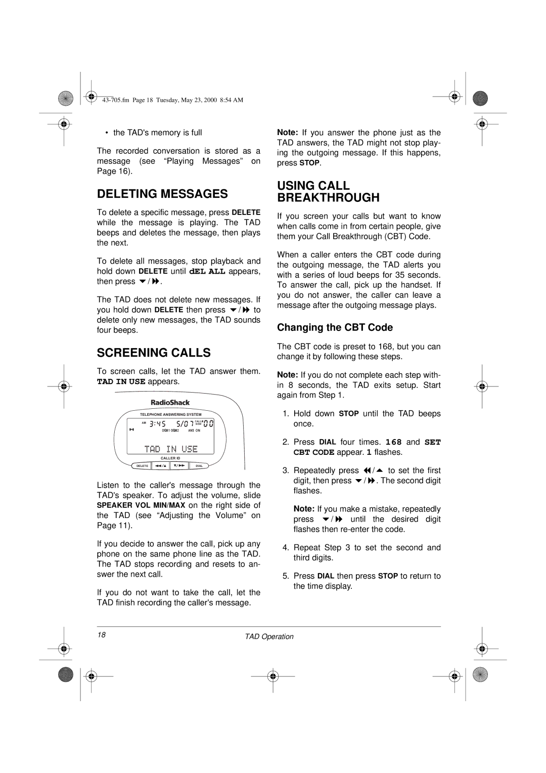 Radio Shack TAD-705 owner manual Deleting Messages, Screening Calls, Using Call Breakthrough, Changing the CBT Code 