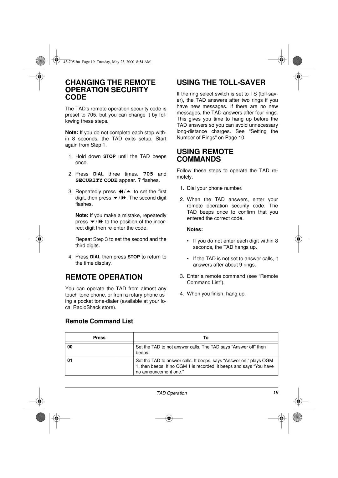 Radio Shack TAD-705 owner manual Changing the Remote Operation Security Code, Using the TOLL-SAVER, Using Remote Commands 