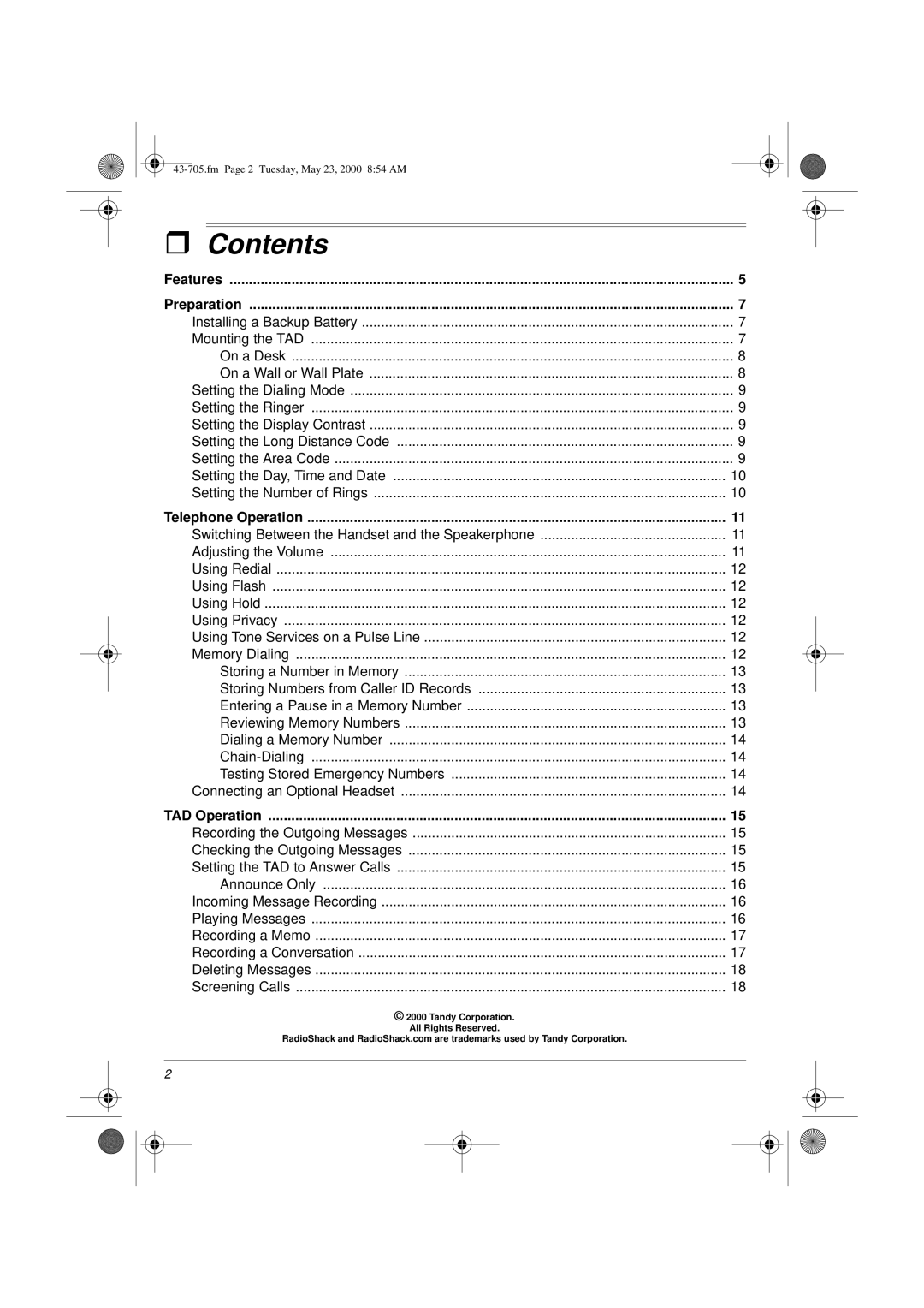 Radio Shack TAD-705 owner manual Contents 