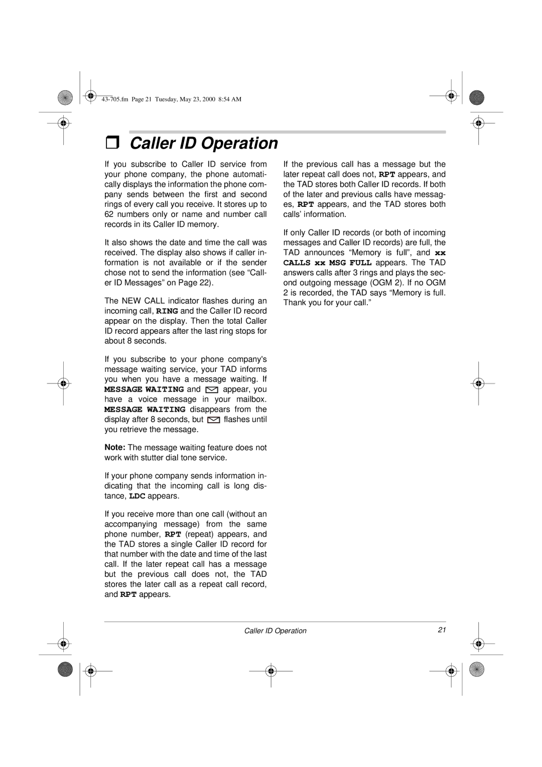 Radio Shack TAD-705 owner manual Caller ID Operation 