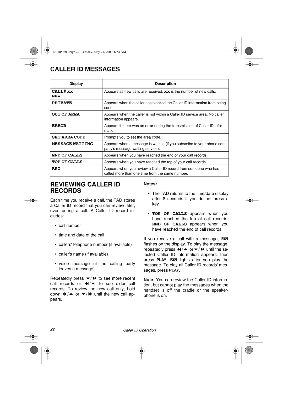 Radio Shack TAD-705 owner manual Caller ID Messages, Reviewing Caller ID Records 