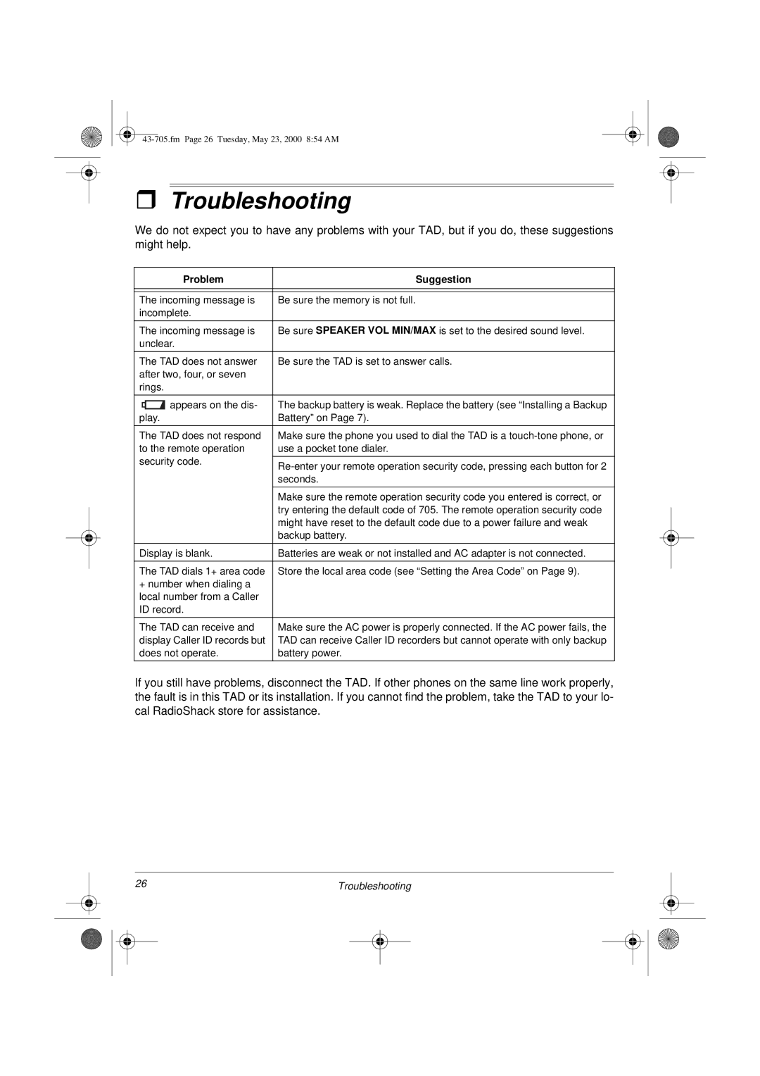 Radio Shack TAD-705 owner manual Troubleshooting, Problem Suggestion 