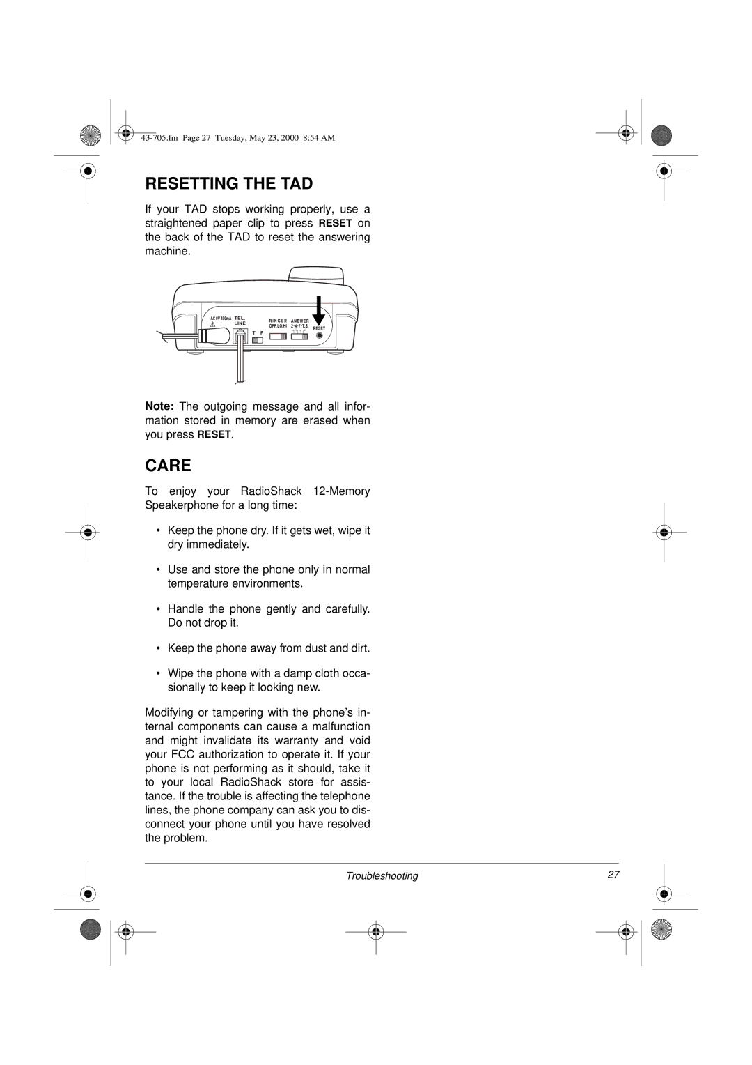 Radio Shack TAD-705 owner manual Resetting the TAD, Care 