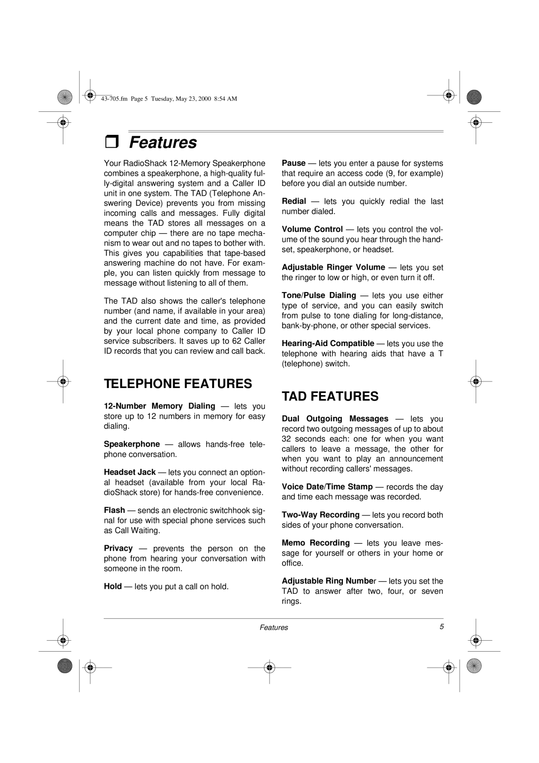 Radio Shack TAD-705 owner manual Telephone Features 