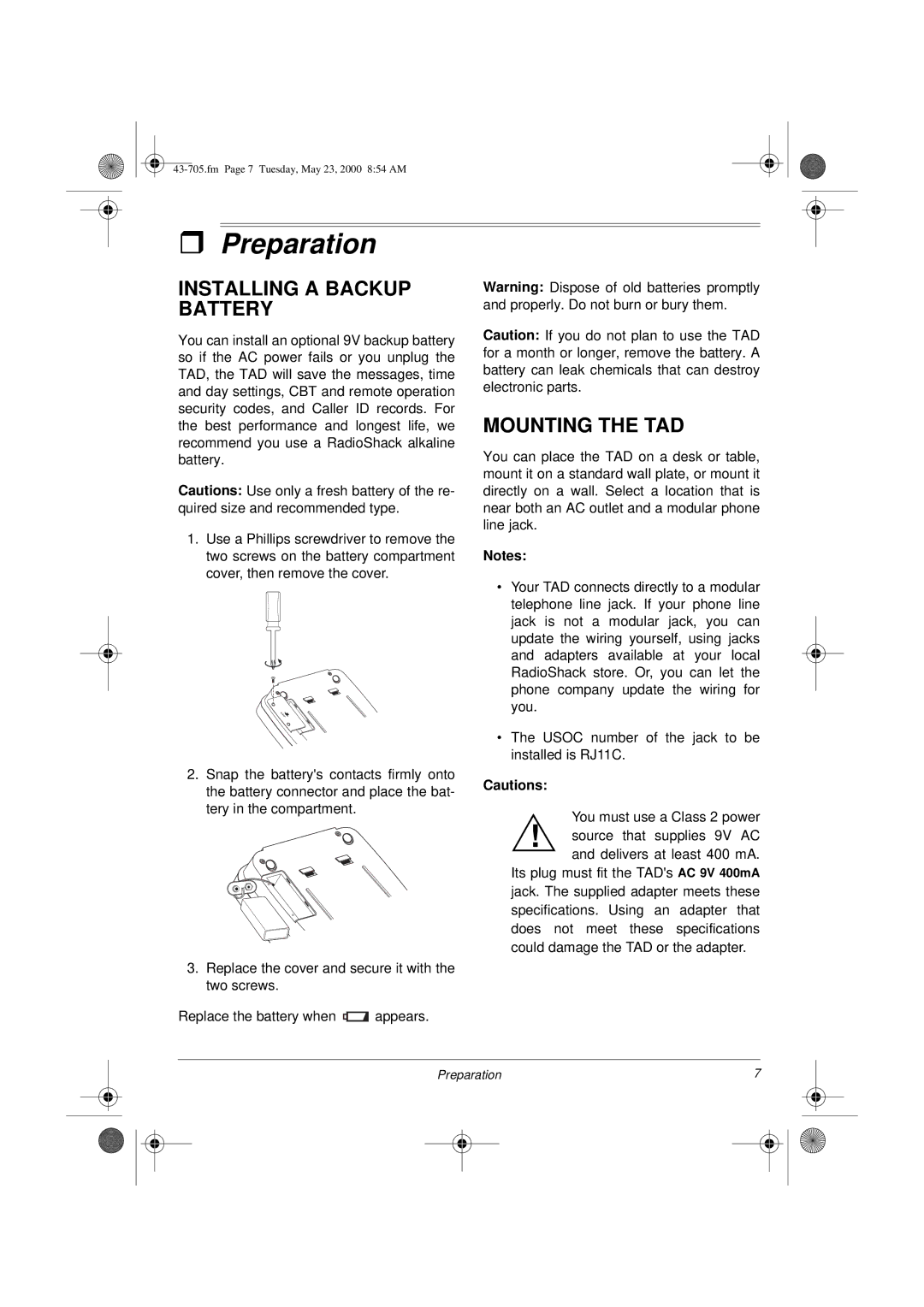 Radio Shack TAD-705 owner manual Preparation, Installing a Backup Battery, Mounting the TAD 