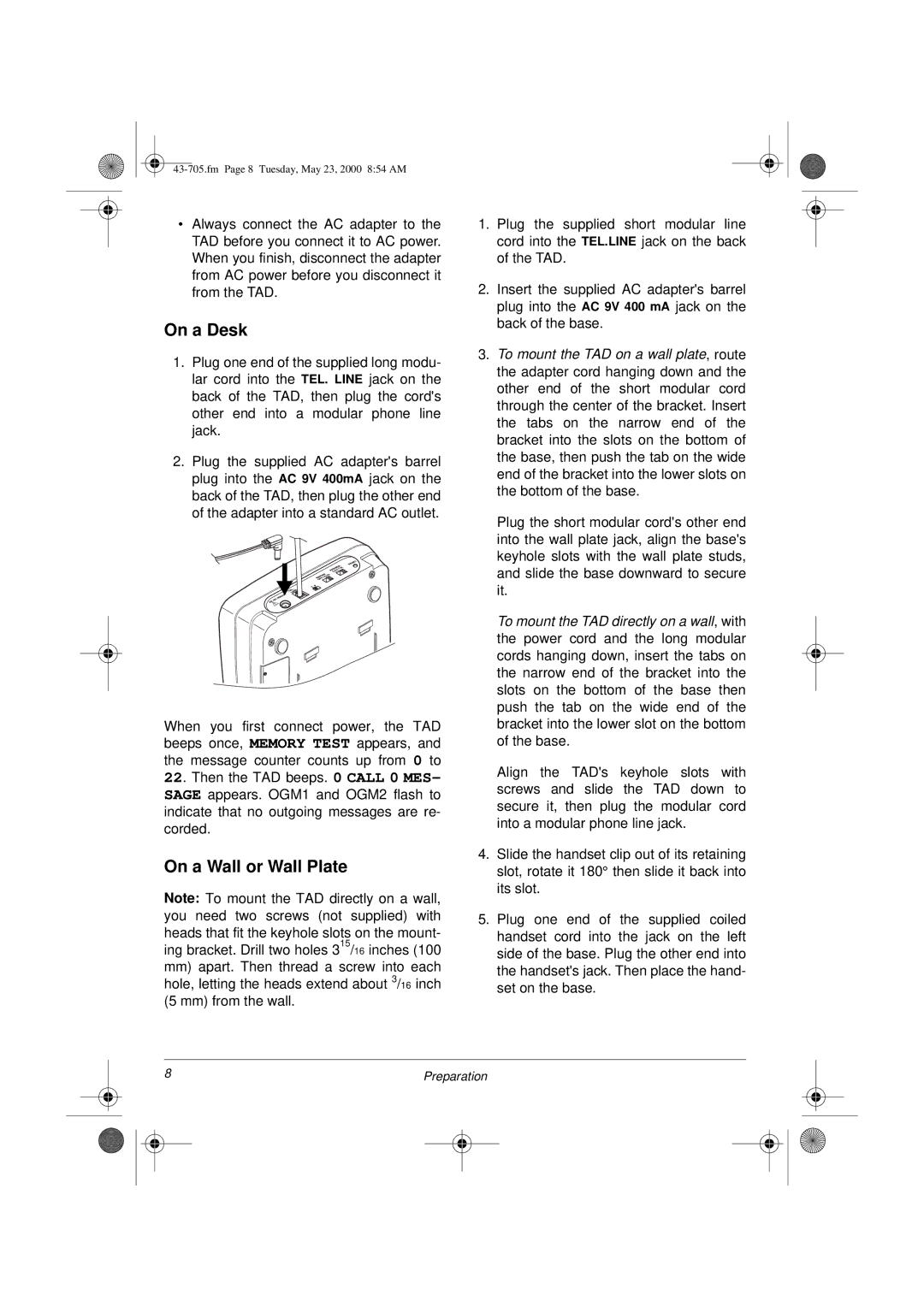 Radio Shack TAD-705 owner manual On a Desk, On a Wall or Wall Plate 