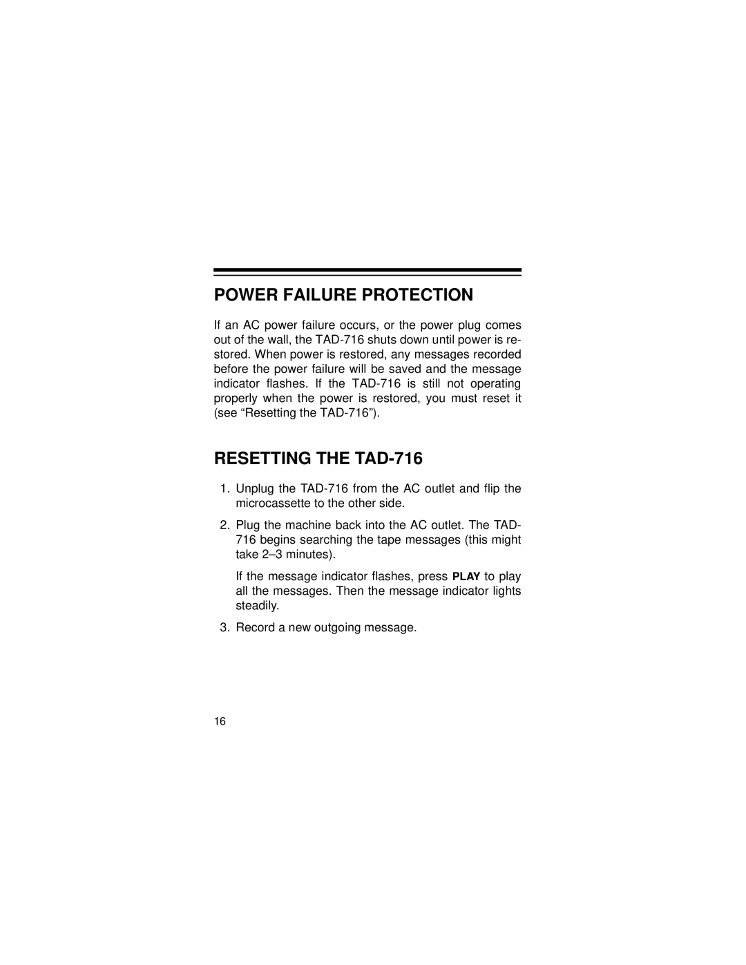 Radio Shack owner manual Power Failure Protection, Resetting the TAD-716 