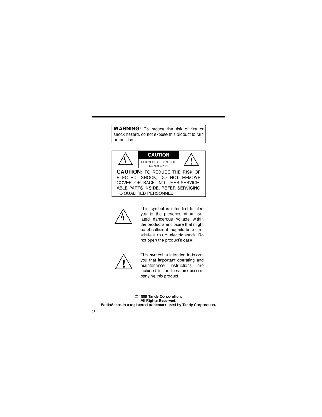 Radio Shack TAD-716 owner manual Risk of Electric Shock Do not Open 