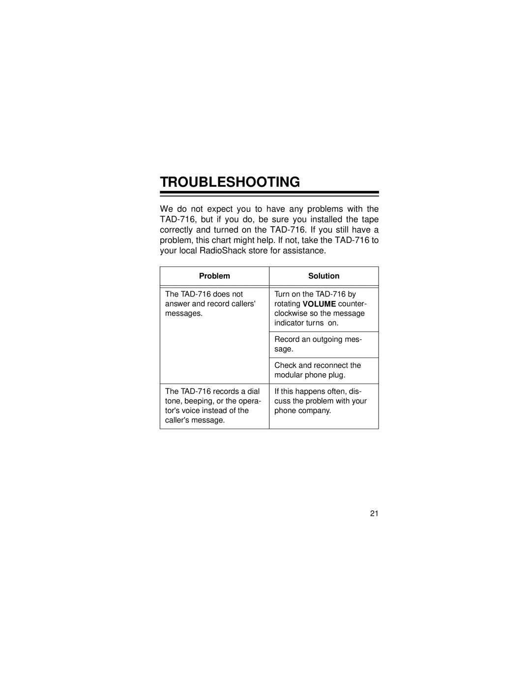 Radio Shack TAD-716 owner manual Troubleshooting, Problem Solution 