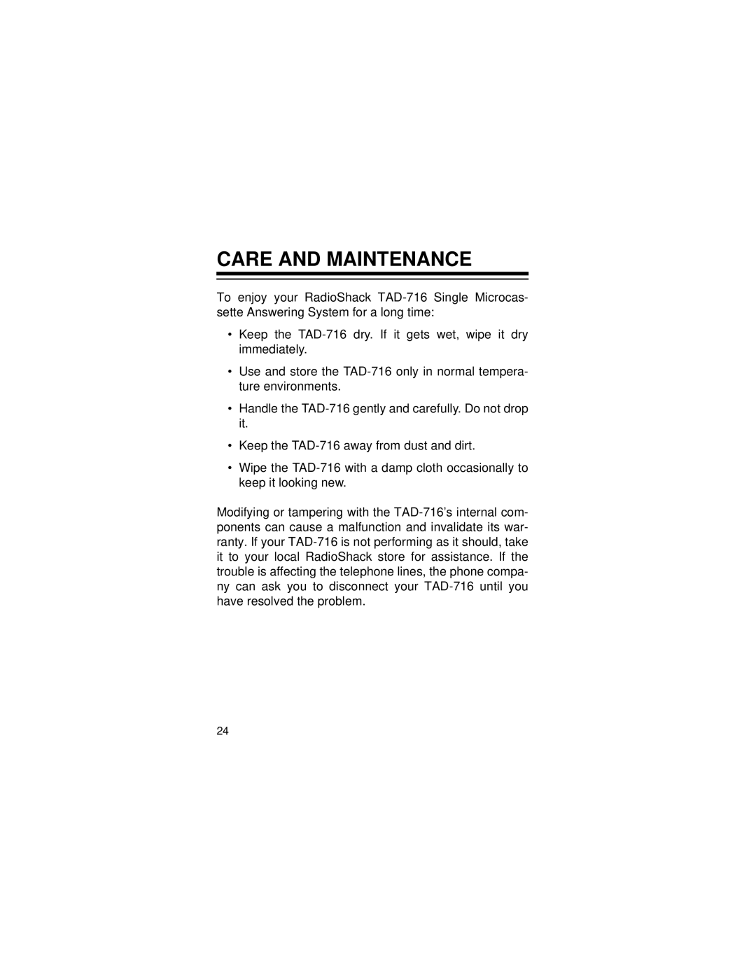 Radio Shack TAD-716 owner manual Care and Maintenance 