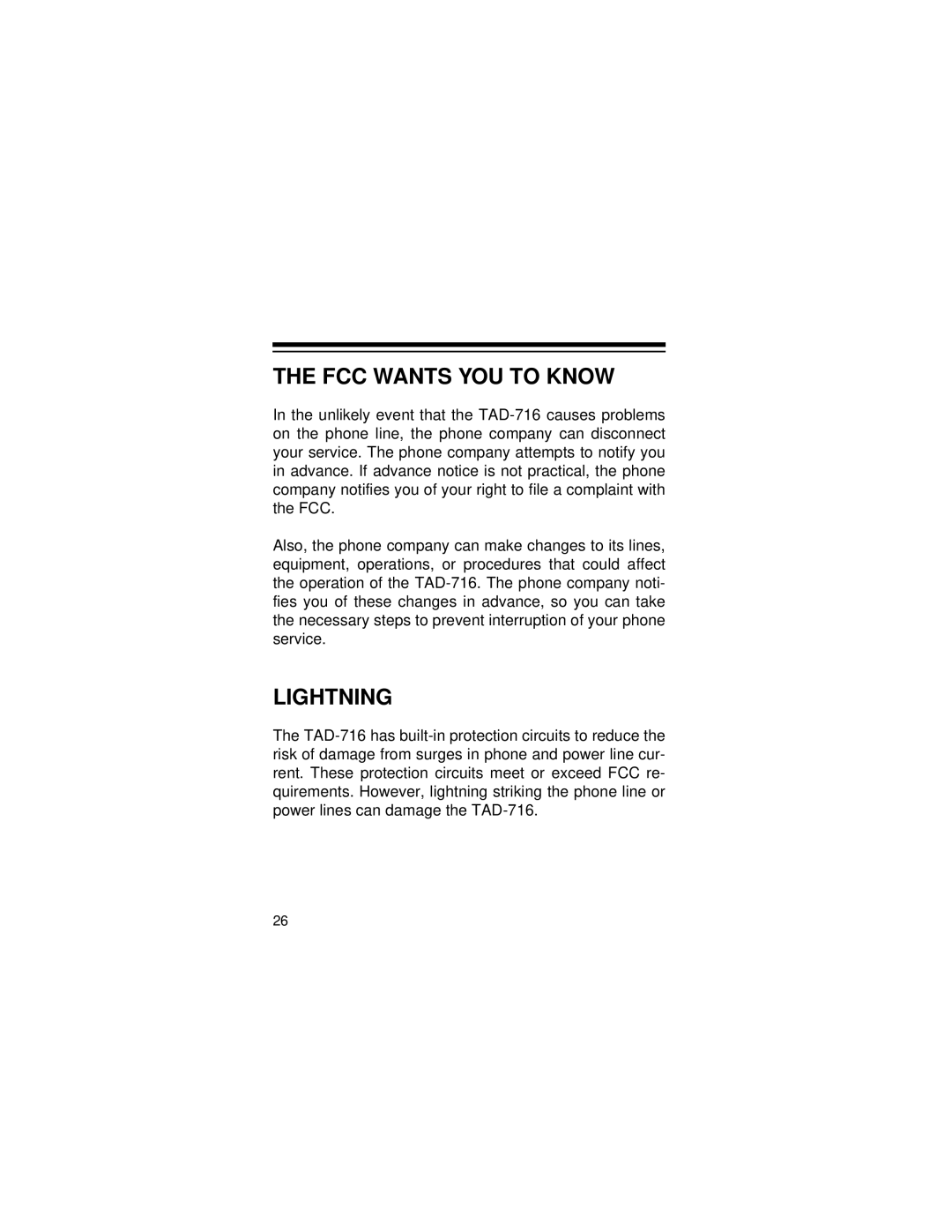 Radio Shack TAD-716 owner manual FCC Wants YOU to Know, Lightning 