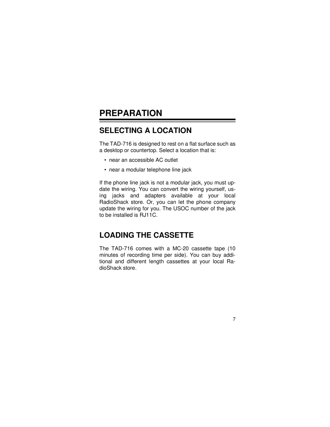 Radio Shack TAD-716 owner manual Preparation, Selecting a Location, Loading the Cassette 